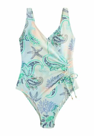 Costum de baie întreg cu imprimeu tematic marin, cu stele de mare, corali, modele paisley și un detaliu cu legătură pe lateral.