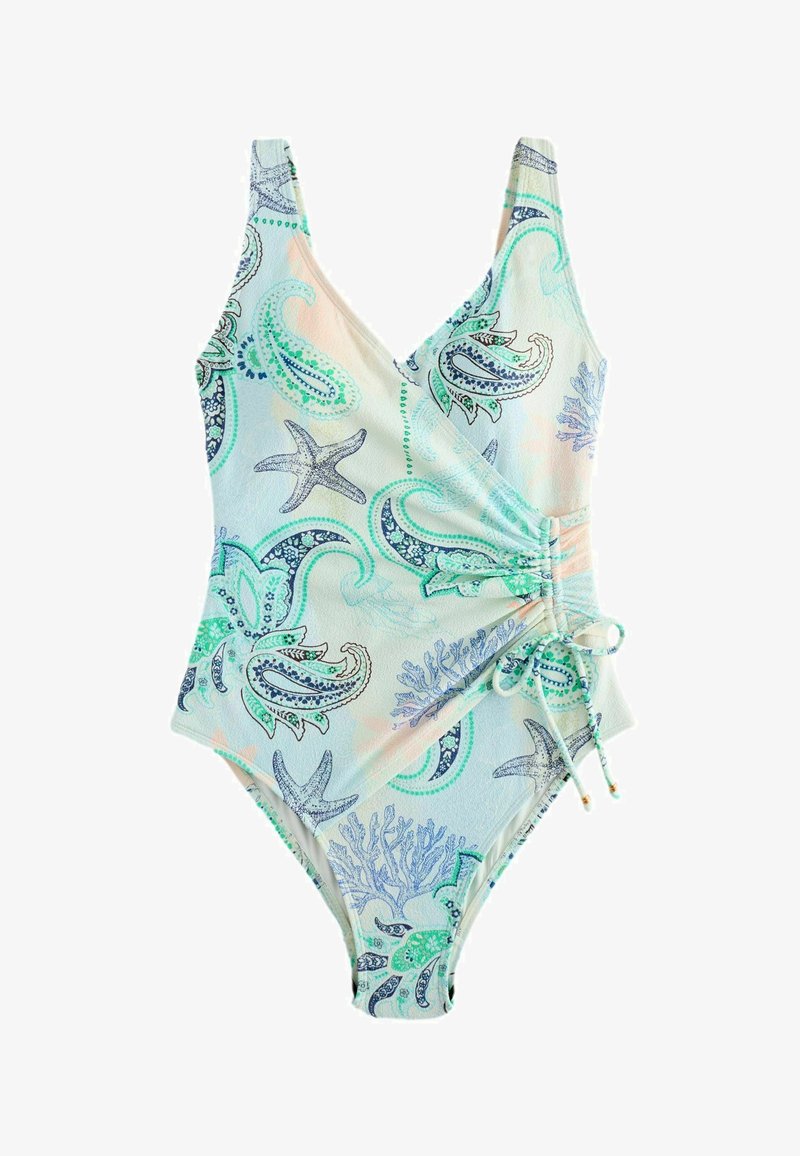 Maillot de bain une pièce avec imprimé à thème marin, comprenant des étoiles de mer, du corail, des motifs cachemire, et un détail de lien sur le côté.