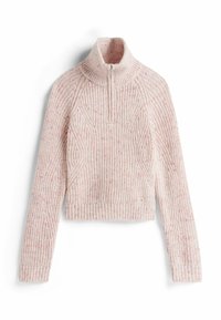 Pull cropped rose clair avec un col haut, tricot à côtes texturé et accents mouchetés discrets. Présente une fermeture zippée à mi-hauteur au niveau du cou.