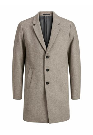 Manteau en mélange de laine gris clair avec revers crantés, trois boutons noirs, une poche poitrine et des poches latérales. Doublure intérieure lisse.