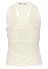 Top halter in pizzo color crema con orlo a scallop, caratterizzato da un design con apertura a chiave sul retro e un motivo floreale. Fodera liscia sotto il pizzo.