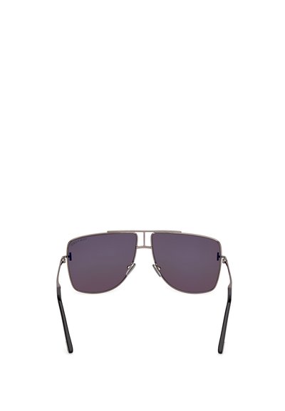 Okulary przeciwsłoneczne z metalową oprawką, gradientowymi fioletowymi soczewkami, kwadratowym kształtem i czarnymi zausznikami. Posiadają regulowane noski dla komfortu noszenia.