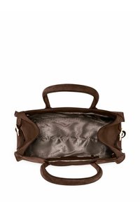 Brązowa torebka zamszowa z dwoma uchwytami, szeroko rozpięta na suwak, ukazująca przestronne wnętrze wyłożone wzorzystą satyną.