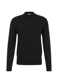 Pulover negru cu guler înalt, mâneci lungi, și manșete și margini ribbate. Fabricat dintr-un material moale și neted, cu un design ajustat.