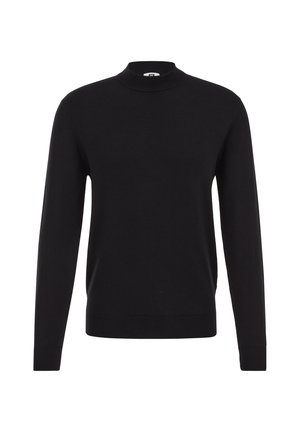 Suéter negro con un alto cuello, mangas largas y puños y dobladillo acanalados. Hecho de una tela suave y lisa con un diseño ajustado.