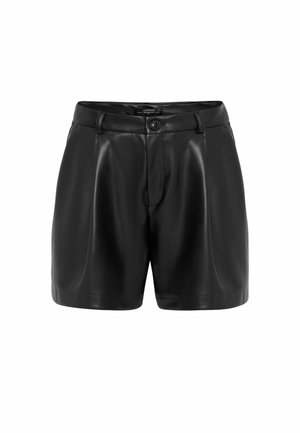 Shorts en cuir noir à la texture lisse, avec une fermeture à boutons à l'avant, des passants pour ceinture et des détails plissés à la taille.
