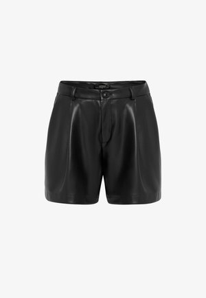 Zwarte leren korte broek met een gladde textuur, voorzien van een knoopsluiting aan de voorkant, riemlussen en geplooide details bij de tailleband.