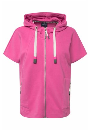 Pink zip-up short-sleeve hoodie featuring a drawstring hood, front pockets with zippers, and contrasting hardware. Soft material, casual design.