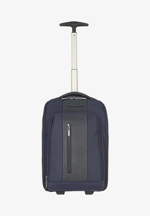 Maleta de viaje azul marino con un asa retráctil, dos compartimentos con cremallera y tejido texturizado. Incluye un bolsillo lateral con cremallera y ruedas resistentes.