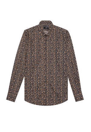 Langærmet skjorte med knapper, mørk baggrund og et gennemgående mønster af små brune og beige blomster, spidst krave.