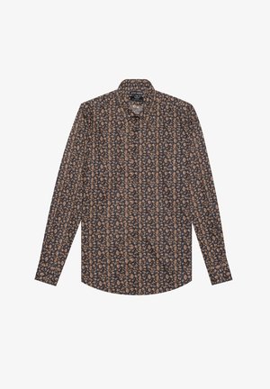 Langärmliges Hemd mit Knopfleiste, dunklem Hintergrund und durchgehend kleinem braun-beigem Blumenmuster, spitzer Kragen.