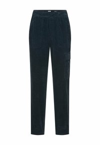 Marineblaue Cordhosen mit elastischem Bund, zwei Vordertaschen und einer seitlichen Cargo-Tasche. Schmale Passform mit glatter Textur.