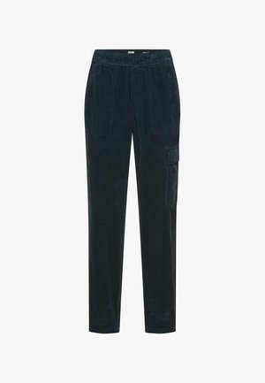Marine corduroy broek met een elastische tailleband, twee voorzakken en een zijvak. Tapered fit met een gladde textuur.