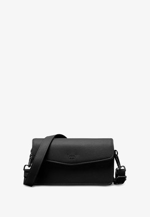 Black leather crossbody bag featuring a magnetic flap closure, adjustable strap, smooth texture, and a subtle logo embossed on the front.