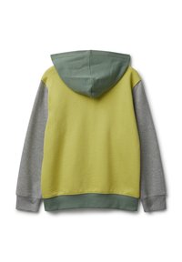 Kapuzenpullover mit grüner Kapuze und Saum, gelbem Rückenteil und grauen langen Ärmeln flach ausgelegt und von hinten gezeigt.
