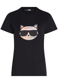 T-shirt in cotone nero con una grande grafica di un gatto che indossa occhiali da sole, con dettagli colorati e scintillanti e un design rotondo e fluido.