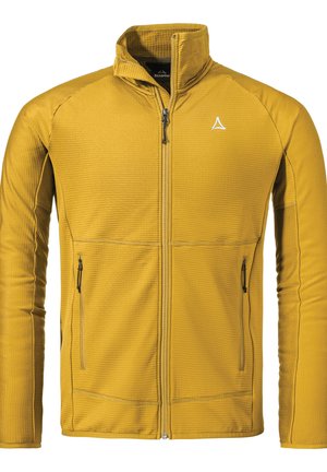 Gelbe Fleecejacke mit hohem Kragen, Reißverschluss und zwei seitlichen Reißverschlusstaschen. Strukturiert mit horizontalen Rillen und kontrastierenden Nähten.