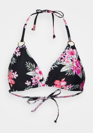 Mustikasvadega must bikini ülemine osa kolmnurksete tassidega, millel on roosad ja rohelised lillemotivid, reguleeritavad sidumisrihmad ja kuldse tooni detailid.