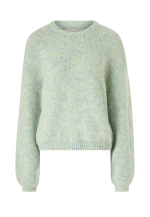 Lichtgroene, getextureerde trui met een ronde hals, lange mouwen en een cropped zoom. Geribbelde manchetten en tailleband, zacht en comfortabel materiaal.