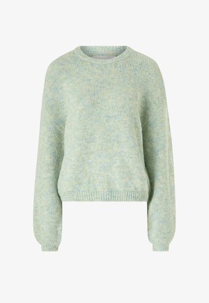 Lichtgroene, getextureerde trui met een ronde hals, lange mouwen en een cropped zoom. Geribbelde manchetten en tailleband, zacht en comfortabel materiaal.