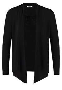Schwarze Strickjacke mit langen Ärmeln, offener Front, leichtem Material und drapiertem Design. Keine Verschlüsse, minimale Nahtdetails.