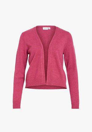 Atvērta priekšpuse rozā adīts kardigans ar gariem piedurknēm un ribotām aprocēm un apakšu, marķēts ar VILA.