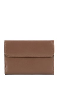Brown leather wallet with a smooth texture, rectangular shape, and a flap closure. Neat stitching along the edges.