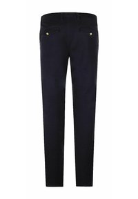 Marineblaue Hose mit glatter Textur, ausgestattet mit zwei Gesäßtaschen mit goldenen Akzenten und einem maßgeschneiderten Schnitt mit geraden Beinen.