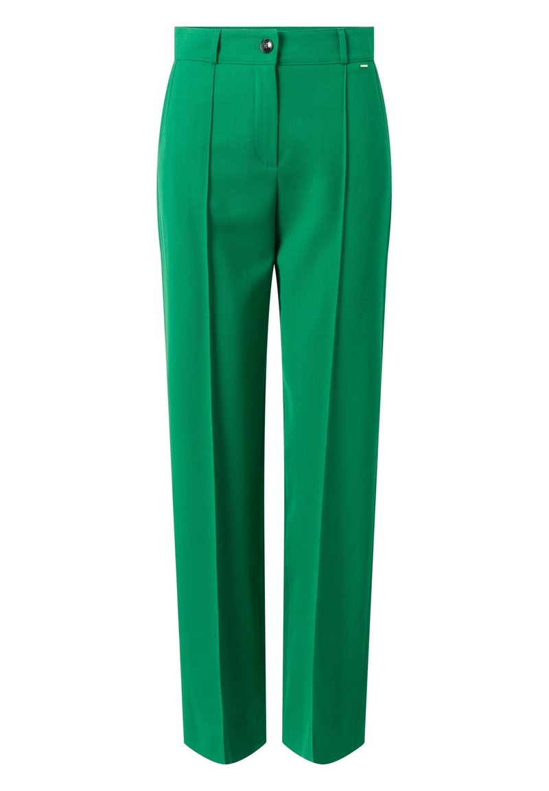 Groene op maat gemaakte broeken met een hoge taille, geplooid voorpand en rechte pijpen. Voorzien van een knoopsluiting en een gladde stoftextuur.