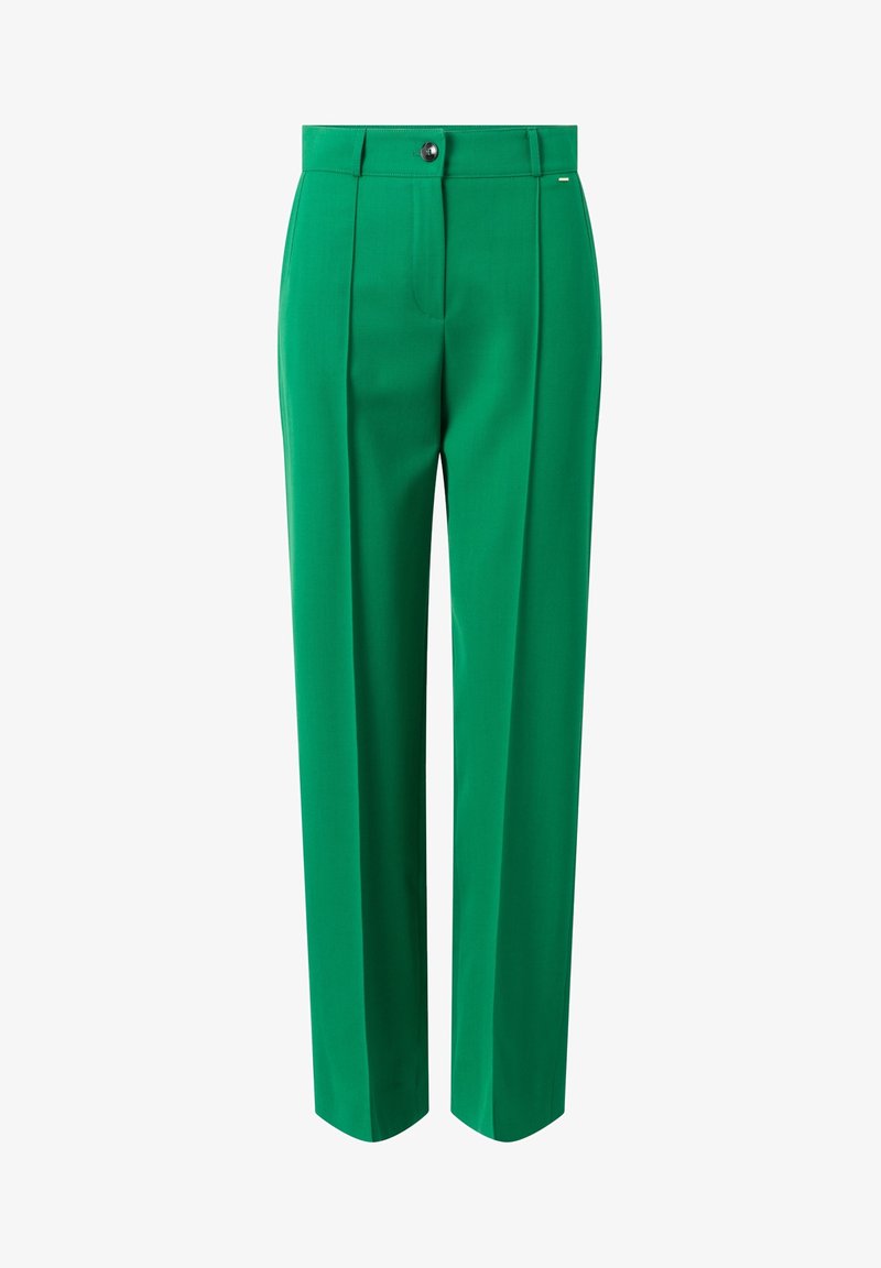 Groene op maat gemaakte broeken met een hoge taille, geplooid voorpand en rechte pijpen. Voorzien van een knoopsluiting en een gladde stoftextuur.