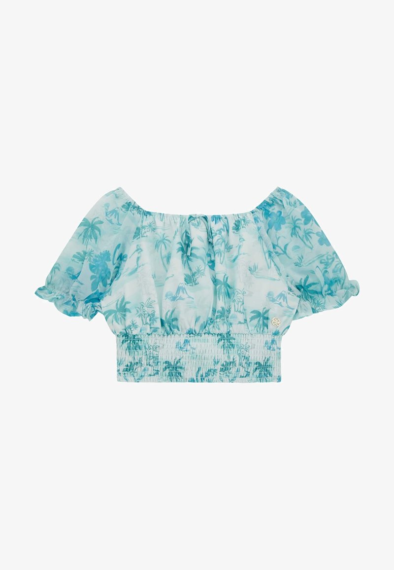 Blusa corta blu chiaro con motivo floreale, design off-the-shoulder, maniche corte a palloncino e vita arricciata. Presenta un bottone decorativo.
