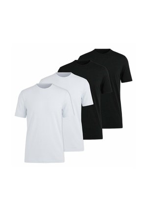 Deux t-shirts blancs et deux noirs unis à manches courtes et col rond, disposés en paires de couleurs alternées sur fond blanc.