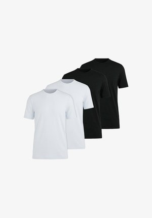 Due t-shirt bianche e due nere semplici a maniche corte con scollo rotondo, disposte in coppie di colori alternate su sfondo bianco.