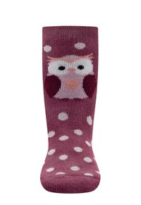 Skarpetki w kolorze burgundowym z wzorem sowy i białymi kropkami. Posiadają dzianinową teksturę oraz wzór sowy z różowym brzuchem i zaokrąglonymi uszami na przodzie.
