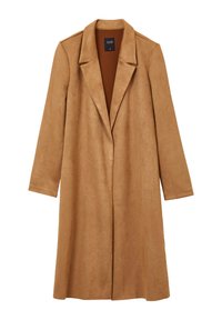 Cappotto in faux suede color cammello con colletto a risvolto, maniche lunghe e design aperto. Presenta una texture liscia e una lunghezza fino al ginocchio.