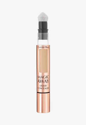 Liquid concealer in a clear tube with a rose gold base, featuring a foam applicator tip and a beige product visible inside.