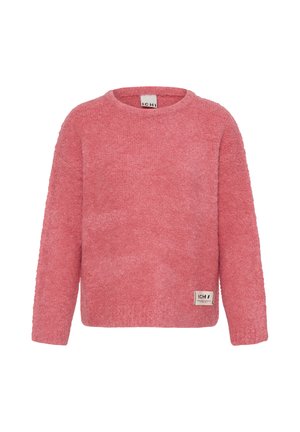 Pull rose pâle à manches longues avec col rond et petite étiquette de marque près de l'ourlet inférieur sur fond blanc.