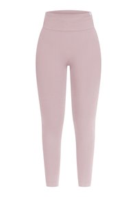 Rosa hochtaillierte Leggings aus dehnbarem Stoff. Glatte Textur mit einer körperbetonten Passform und ohne sichtbare Muster oder Beschläge.