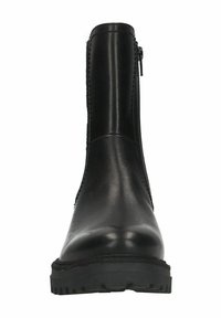 Zwarte leren enkelboot met een gladde afwerking, zijrits en een textuur rubberen zool. Heeft minimale stiksels en een ronde teen.
