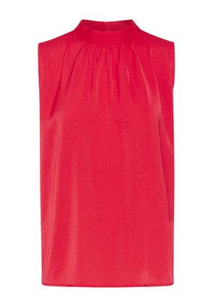 Red sleeveless top with a high neckline, featuring a gathered texture and straight cut. Smooth fabric with no patterns or accents.
