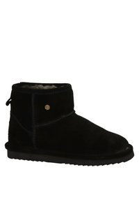 Black suede ankle boot with a rounded toe, faux fur lining, stitched details, and a small metallic logo accent on the side. Rubber sole.