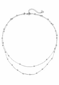 Zilveren ketting met twee strengen, met ronde kralen die gelijkmatig verdeeld zijn, een kreeftsluiter en een kettingverlengstuk met een hartje.