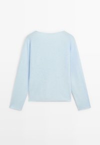 Maglione azzurro chiaro a maniche lunghe con scollatura ampia, mostrato dal retro su uno sfondo bianco uniforme.