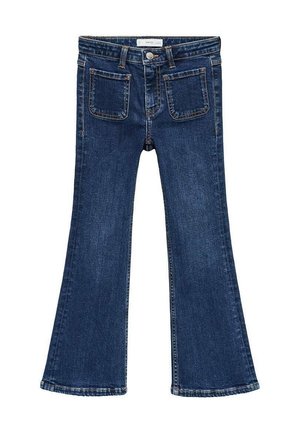 Mørkeblå jeans med flared ben, fem-lomme design, synlige sømme og metalknap lukning ved taljen.