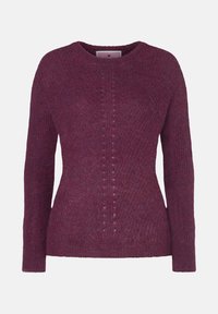 Strickpullover in einem tiefen Burgunderrot mit rundem Ausschnitt, langen Ärmeln und strukturiertem Stoff, der vertikale Rippen und eine zentrale Naht aufweist.