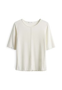 Korte mouwen witte blouse van zachte stof, met een ronde halslijn, een middennaad en ruches aan de onderrand en mouwranden.