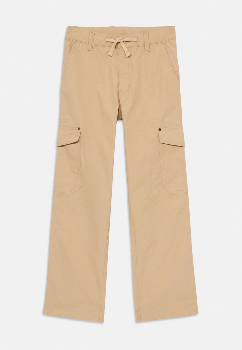 Bežové cargo nohavice vyrobené z bavlny, s pásom na šnúrku, dvoma prednými vreckami a dvoma bočnými vreckami so zapínaním na cvoky.