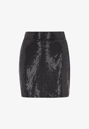 Schwarzer Minirock mit einem Pailletten-Design und einer strukturierten Oberfläche. Der Bund ist glatt und sorgt für eine figurbetonte Form.