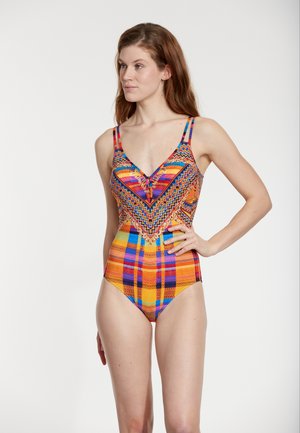 Kleurige badpak met geometrische patronen in oranje, paars en blauw. Verstelbare bandjes en een diep uitgesneden halslijn.