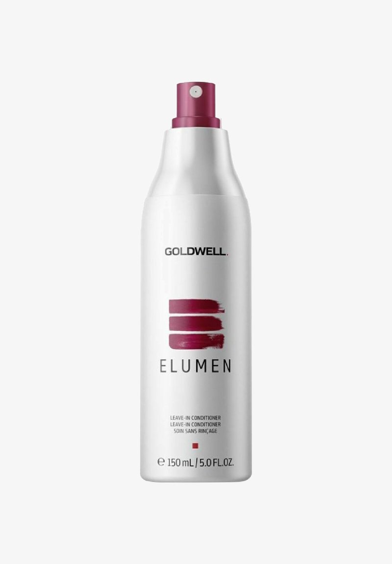 Goldwell Elumen leave-in conditioner in een witte aluminium sprayfles, met een bordeauxrood accentkap en etiket met een rood grafisch ontwerp.